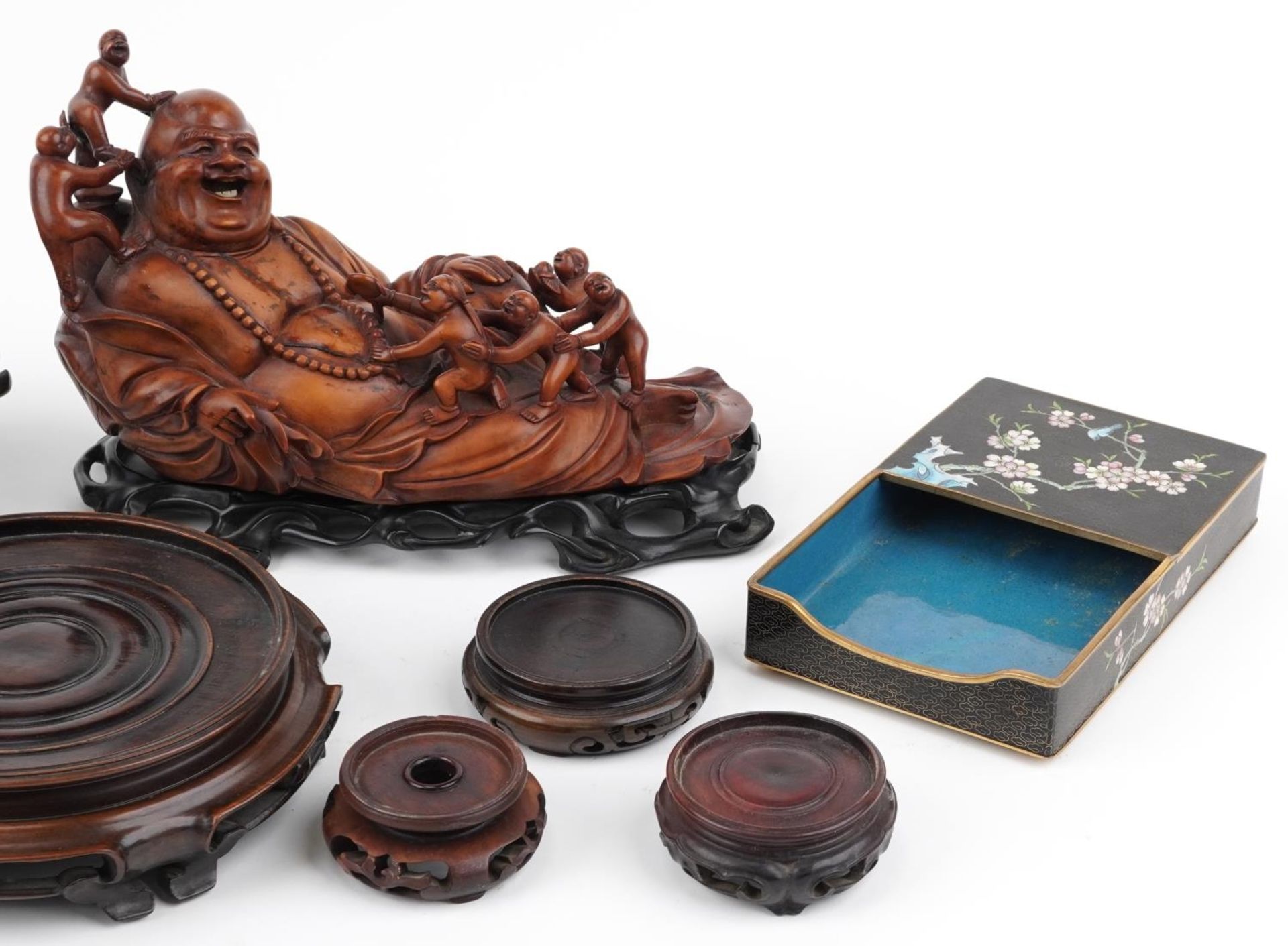 Chinese wooden and metalware including a root wood carving of Happy Buddha on stand surmounted - Bild 3 aus 9