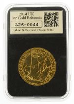 Elizabeth II 2014 Britannia one ounce fine gold one hundred pound coin housed in a Tower Hill date