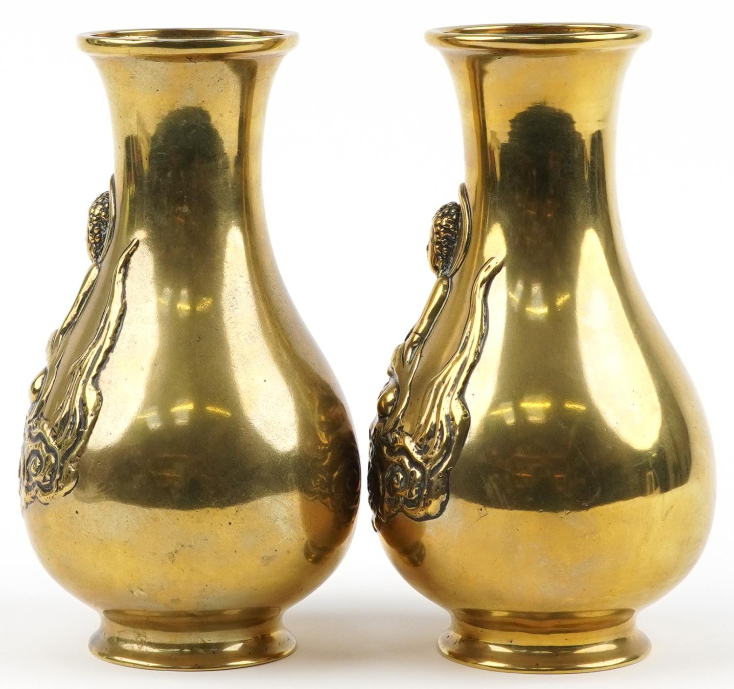 Pair of Chinese patinated bronze vases, each decorated in relief with Buddha, each 25.5cm high - Image 2 of 6