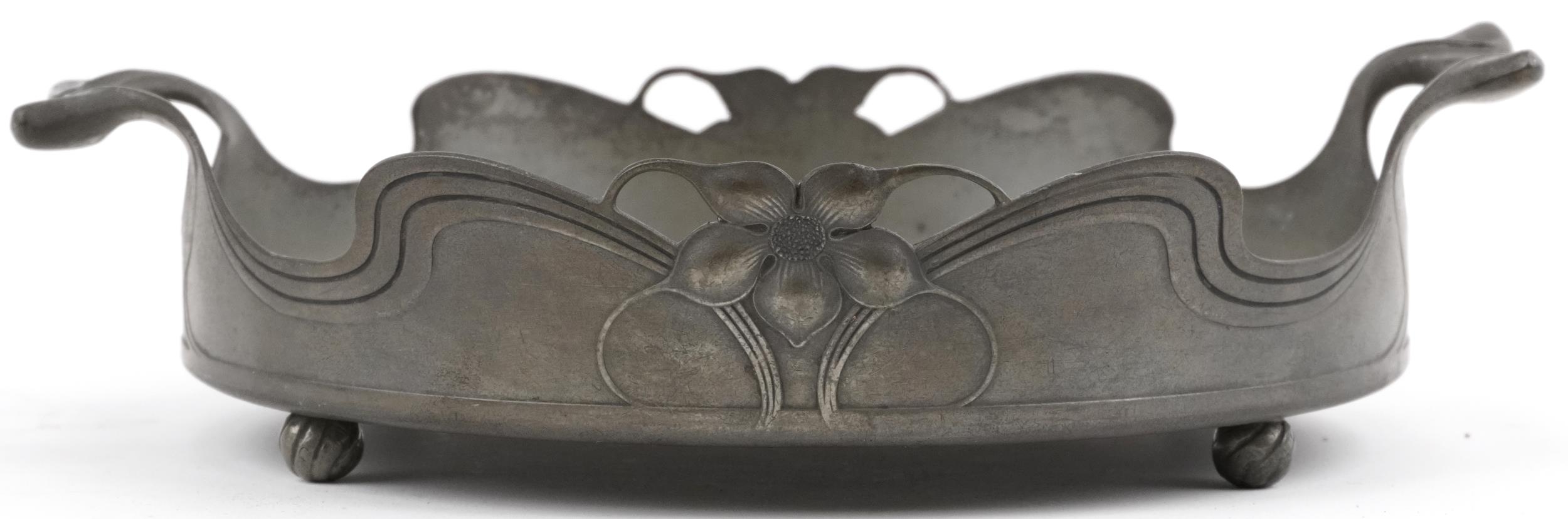 Orivit, German Art Nouveau centre dish with twin handles carved with stylised flowers, numbered 2345