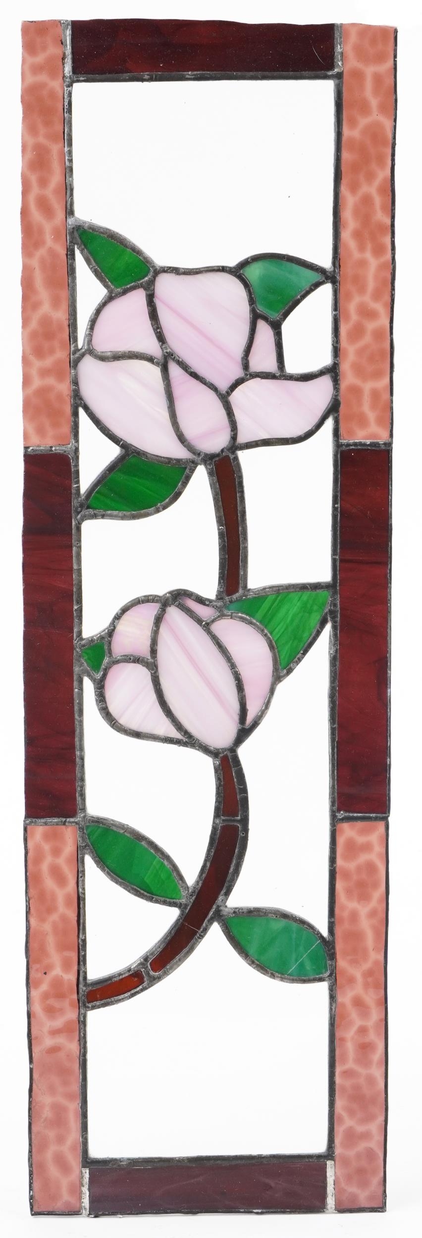 Four leaded stained glass window panels including a pair, each decorated with flowers, the largest - Image 7 of 9