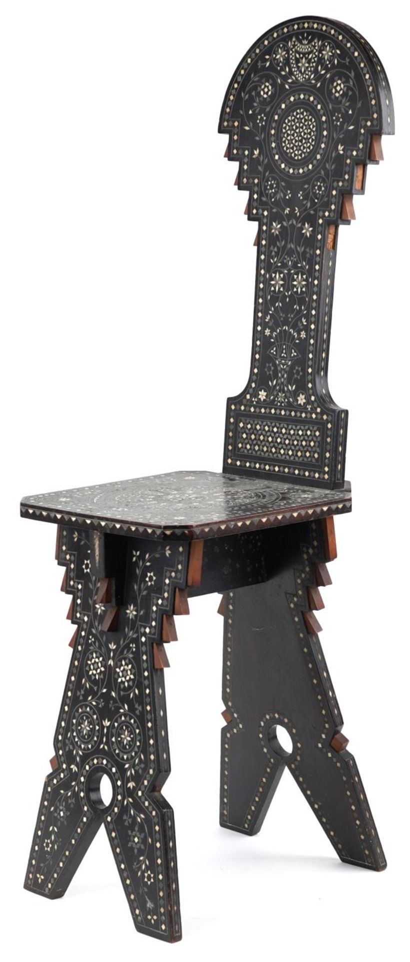 19th century Northern Italy hardwood chair with metal and bone foliate inlay, 101cm high