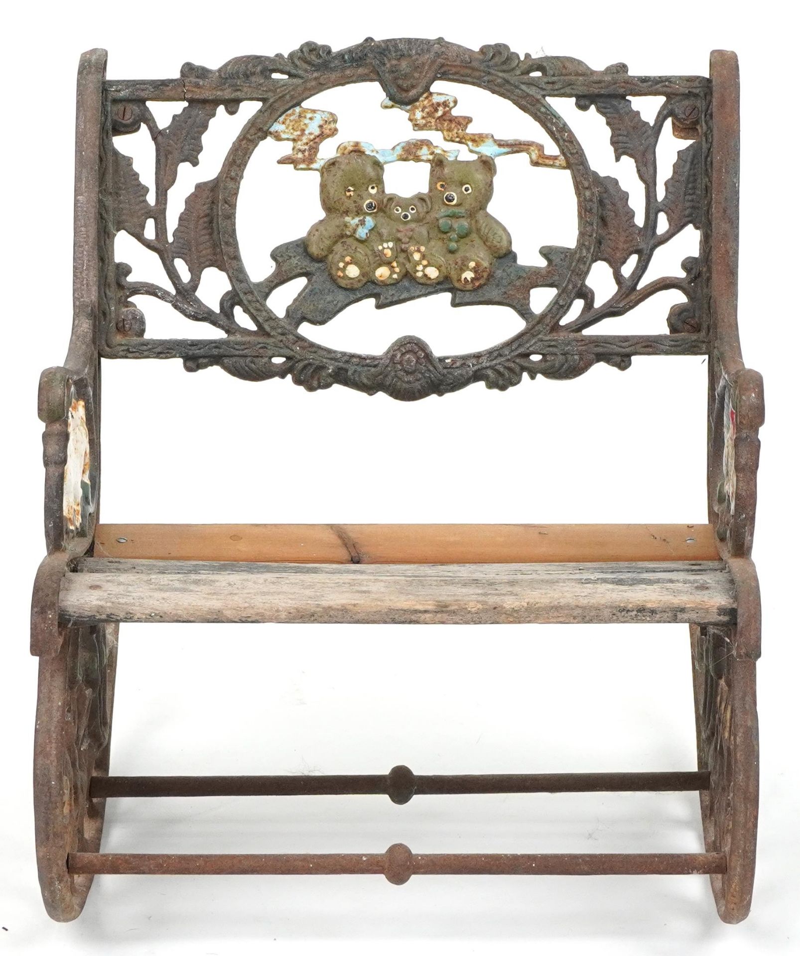 Child's painted cast iron rocking chair with wooden slats, cast with teddy bears and animals, 50cm - Image 2 of 4