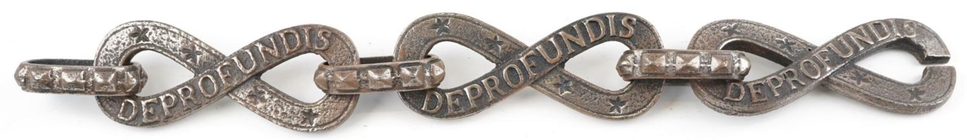 Shipping interest iron chain, possibly part of an anchor chain, each cast with the word Deprofundis, - Image 2 of 3