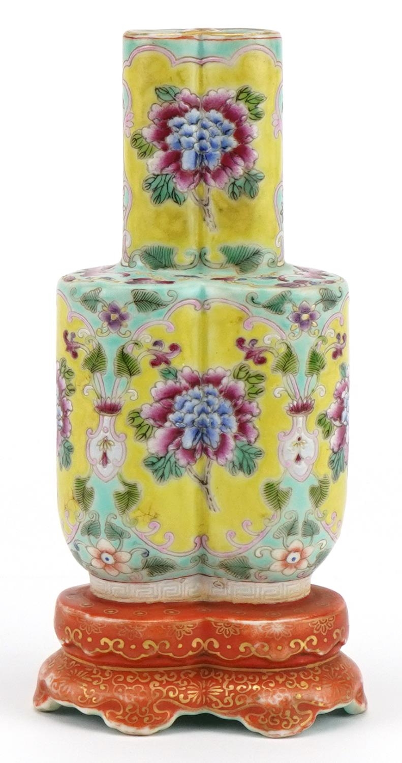Chinese porcelain conjoined vase finely hand painted in the famille rose palette with flowers, six - Image 2 of 8