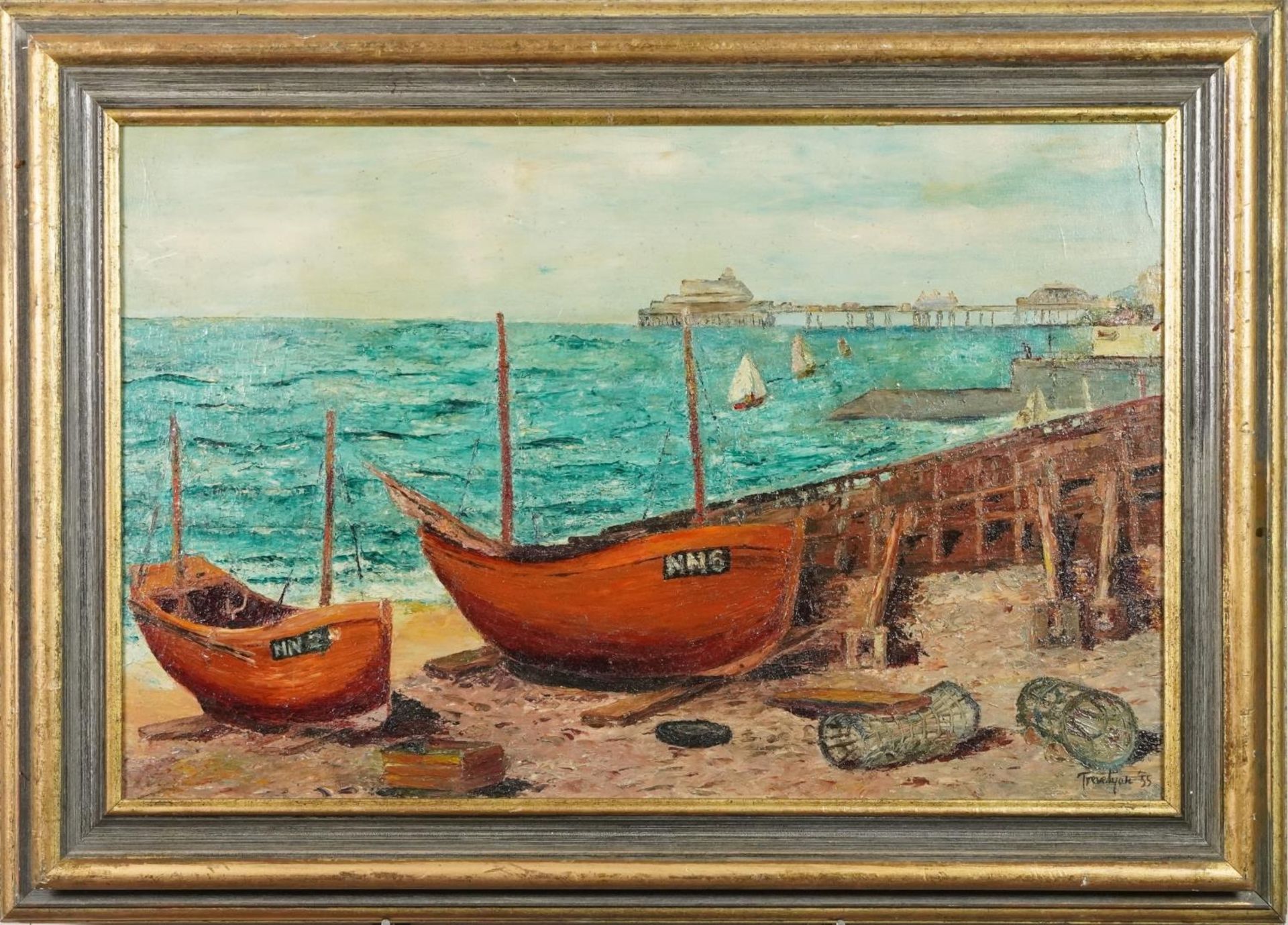 Manner of Julian Trevelyan - Moored boats, post war British oil on board, mounted and framed, 65cm x - Image 2 of 5