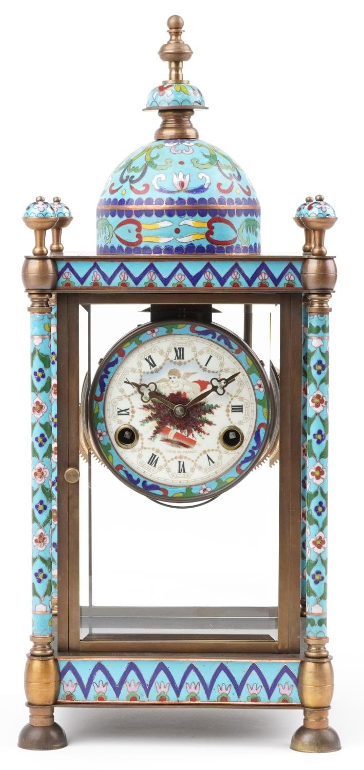 French champleve enamel and brass four glass mantle clock striking on a gong, the enamelled dial - Image 2 of 6