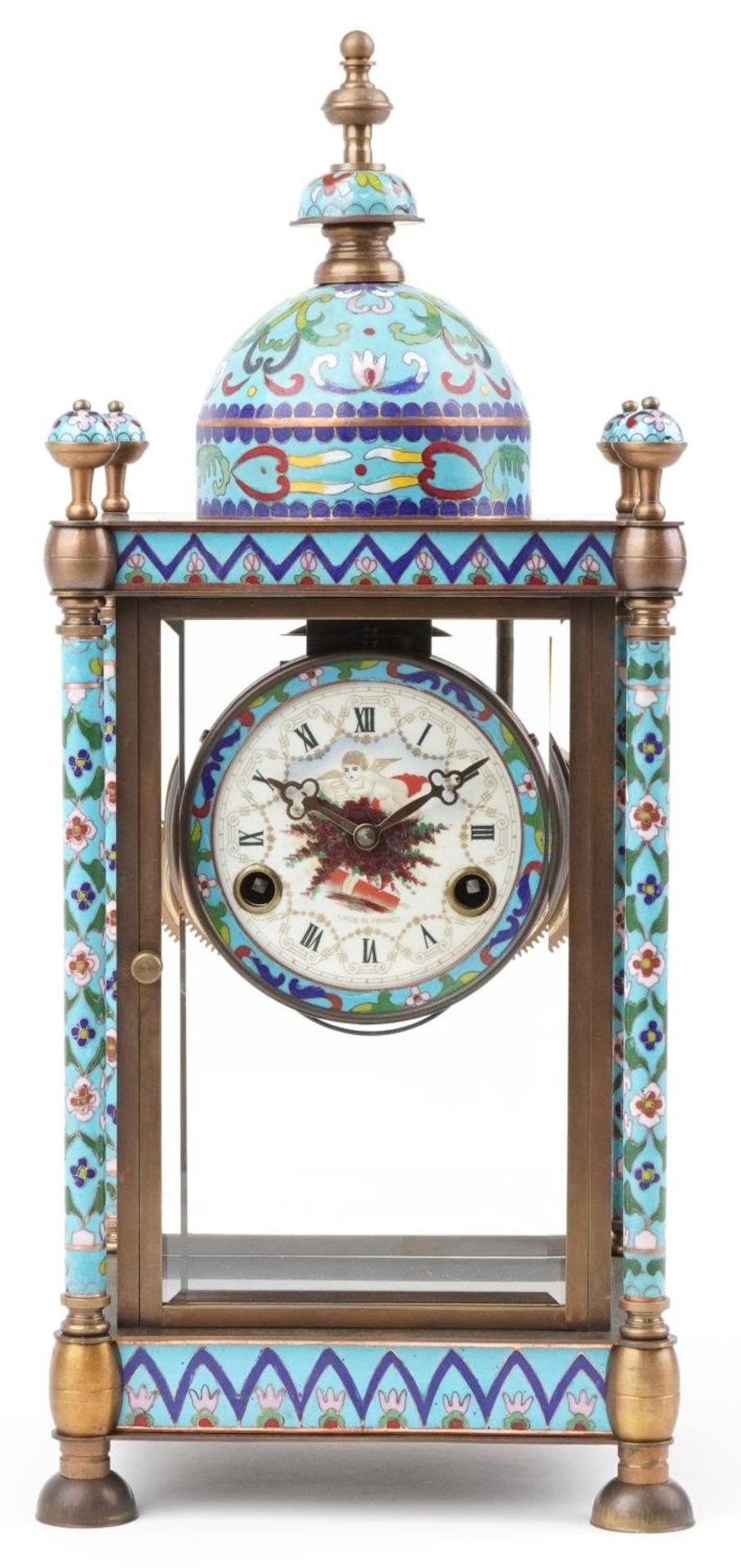 French champleve enamel and brass four glass mantle clock striking on a gong, the enamelled dial - Bild 2 aus 6