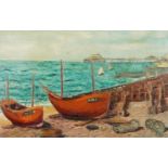 Manner of Julian Trevelyan - Moored boats, post war British oil on board, mounted and framed, 65cm x