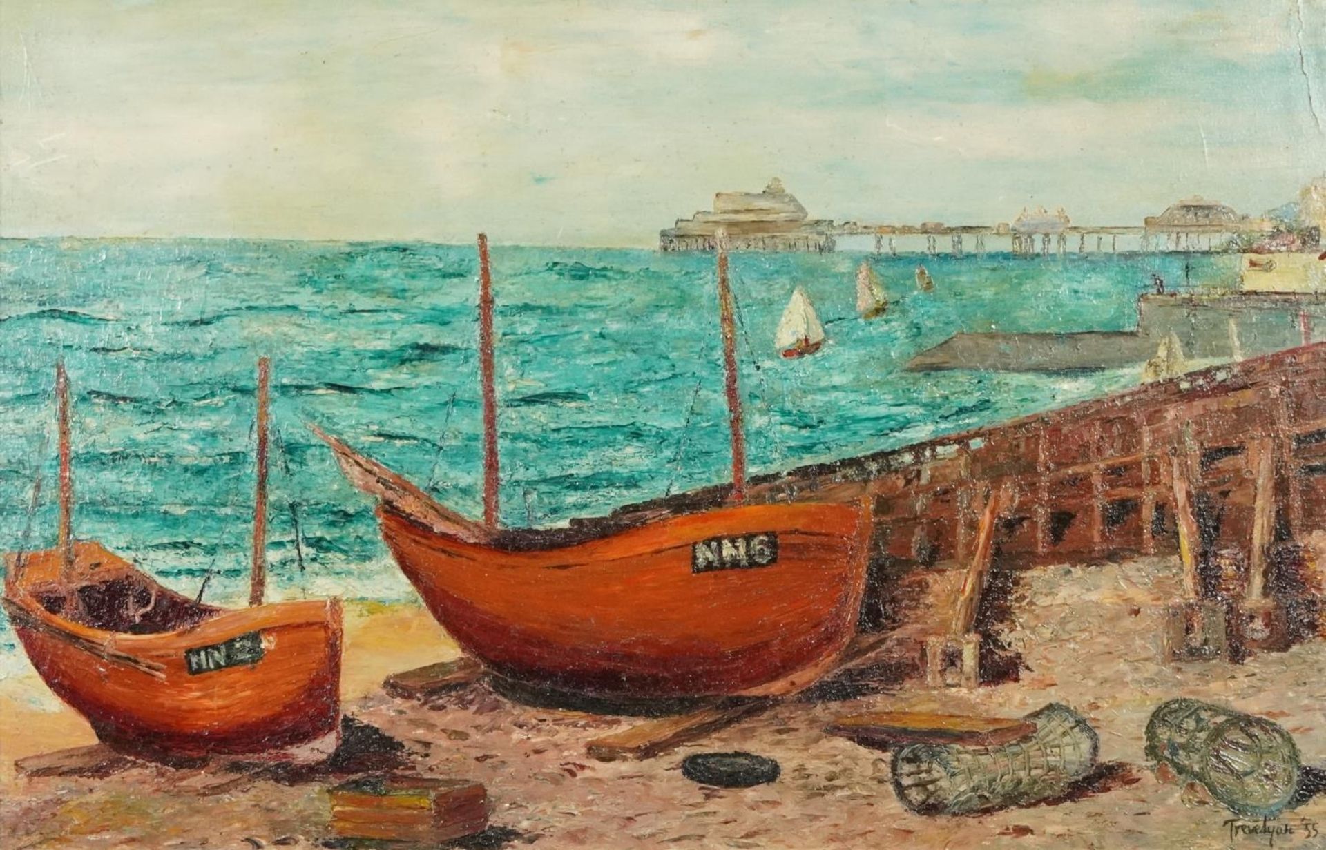 Manner of Julian Trevelyan - Moored boats, post war British oil on board, mounted and framed, 65cm x