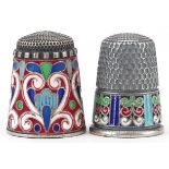 Two silver champleve enamel thimbles, impressed Russian marks to each, each 2.3cm high, total 19.8g