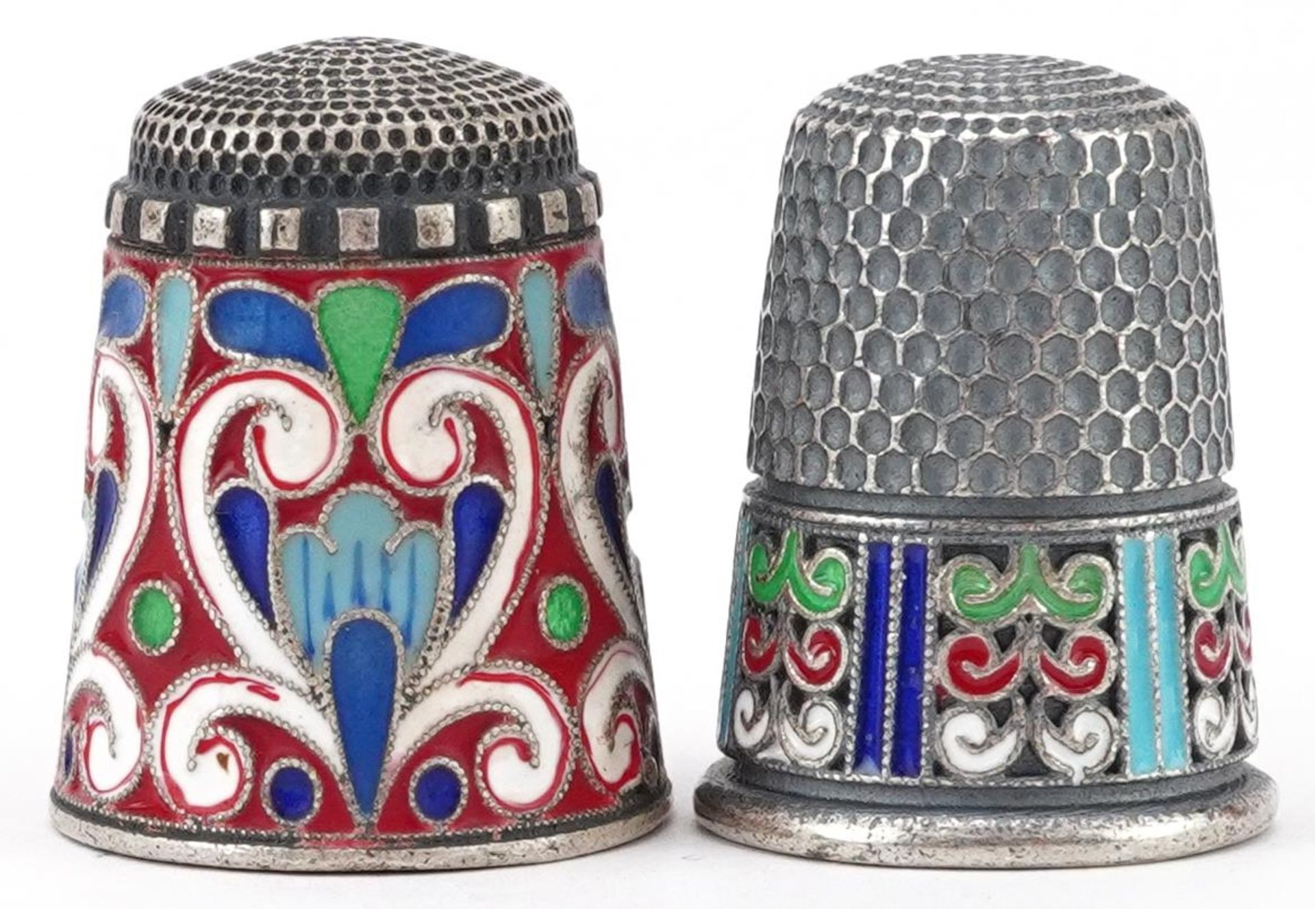 Two silver champleve enamel thimbles, impressed Russian marks to each, each 2.3cm high, total 19.8g