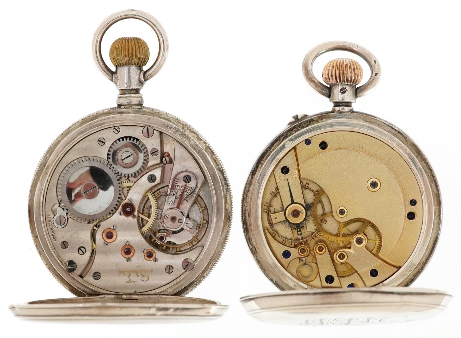 Two gentlemen's silver open face keyless pocket watches, each having enamelled and subsidiary - Image 3 of 7