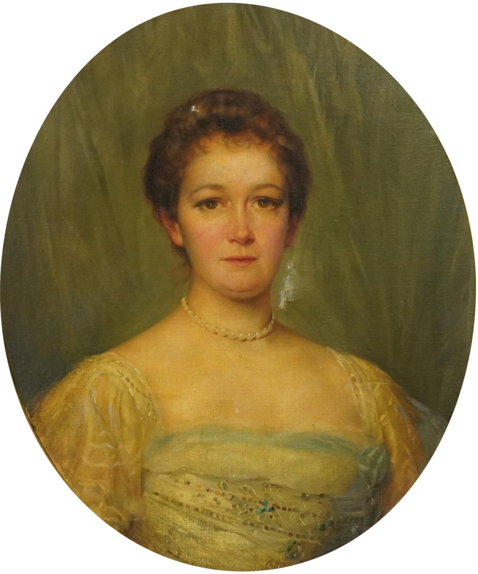 Head and shoulders portrait of a young female wearing a white dress and necklace, 19th century