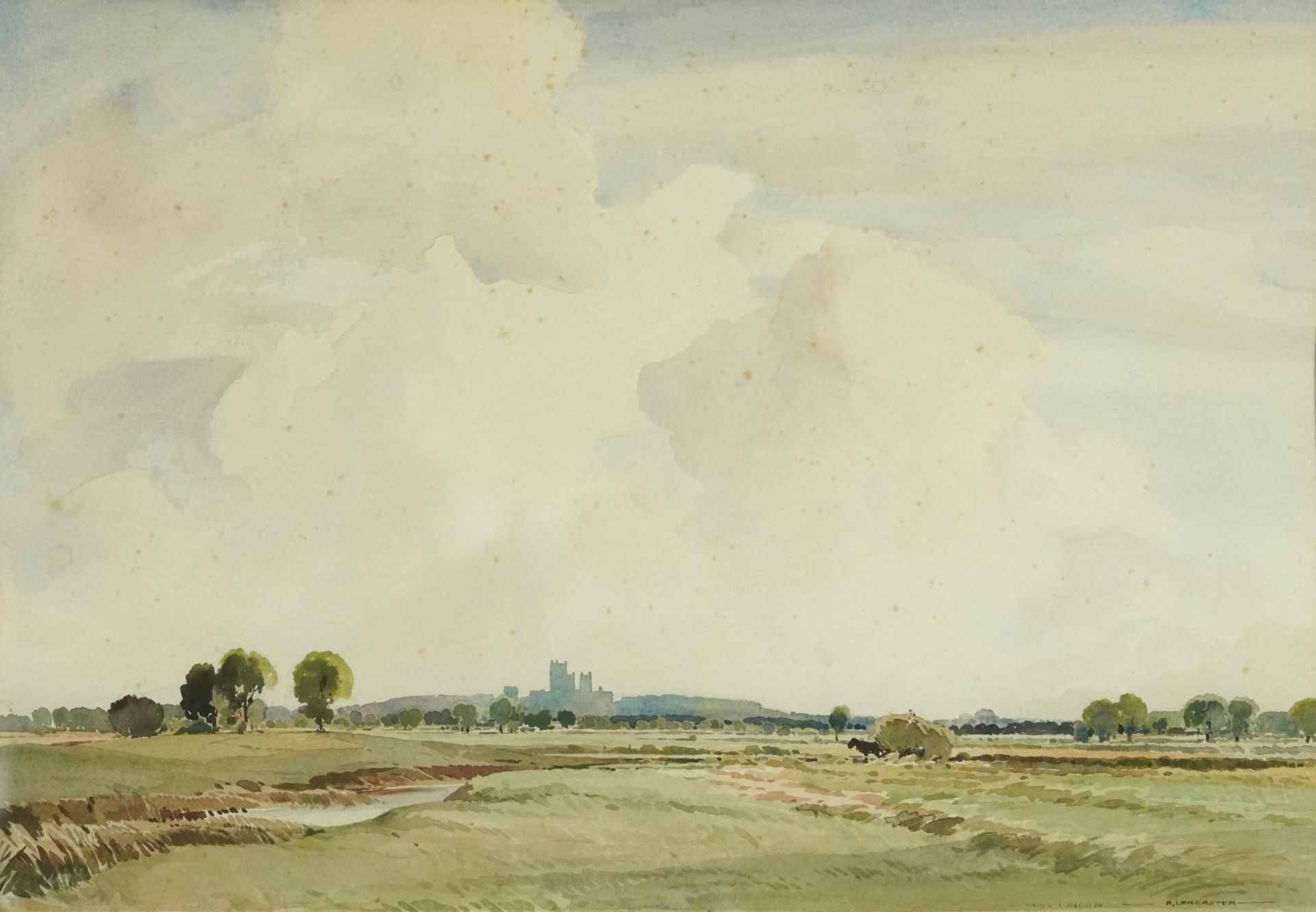 Percy Lancaster - View near Lincoln, early 20th century watercolour, mounted, framed and glazed,