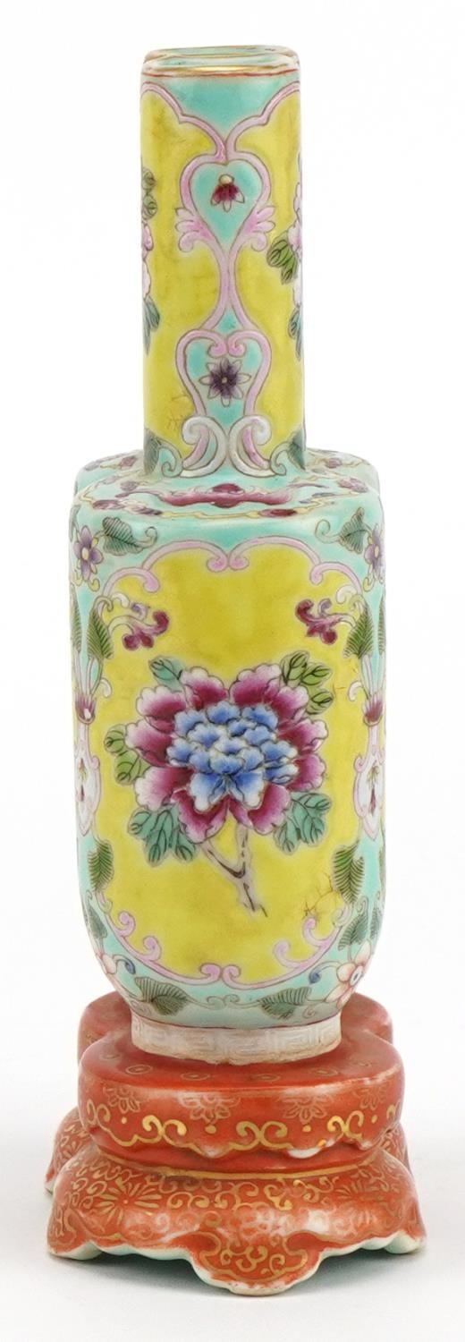 Chinese porcelain conjoined vase finely hand painted in the famille rose palette with flowers, six - Image 5 of 8