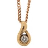 Unmarked gold diamond solitaire pendant on a 9ct gold necklace, the diamond approximately 2.20mm