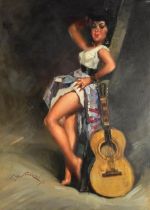 G Bertonazzi - Scantily dressed female beside a guitar, Italian school oil on board, mounted and