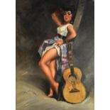 G Bertonazzi - Scantily dressed female beside a guitar, Italian school oil on board, mounted and