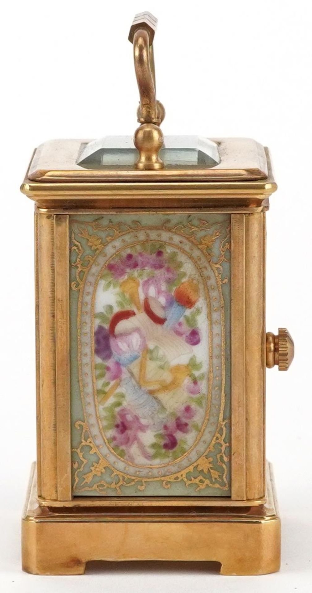 Miniature brass cased carriage clock with Sevres type porcelain panels depicting flowers, 5.5cm high - Image 3 of 8