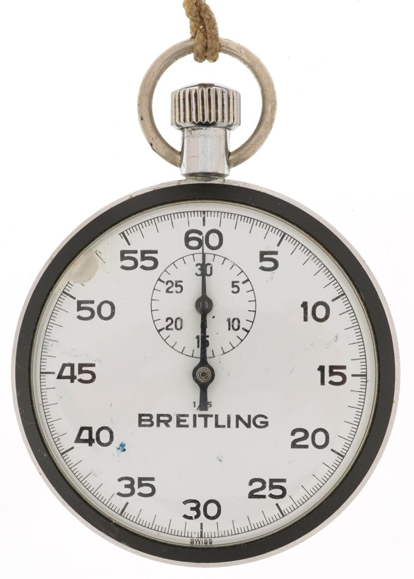 Breitling, chrome pocket watch having enamelled dials with Arabic numerals, 54mm in diameter