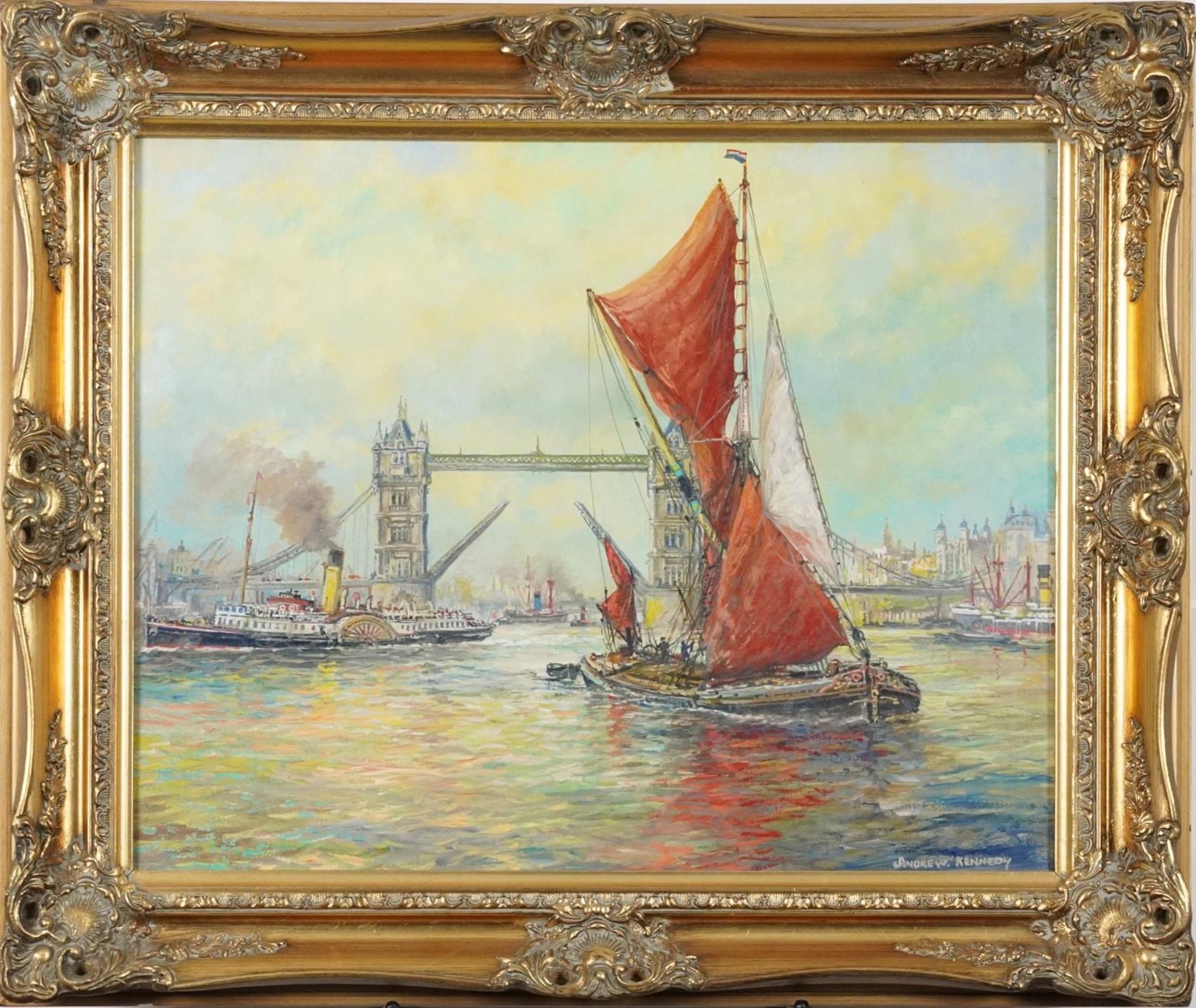 Andrew Kennedy - The River Thames with London Bridge and paddle steamer, contemporary oil on canvas, - Image 2 of 4