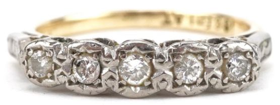 18ct gold and platinum graduated diamond five stone ring, size K, 2.5g