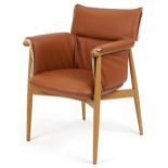 Carl Hansen & Son, Danish lightwood and brown leather upholstery embrace armchair, plaque to the