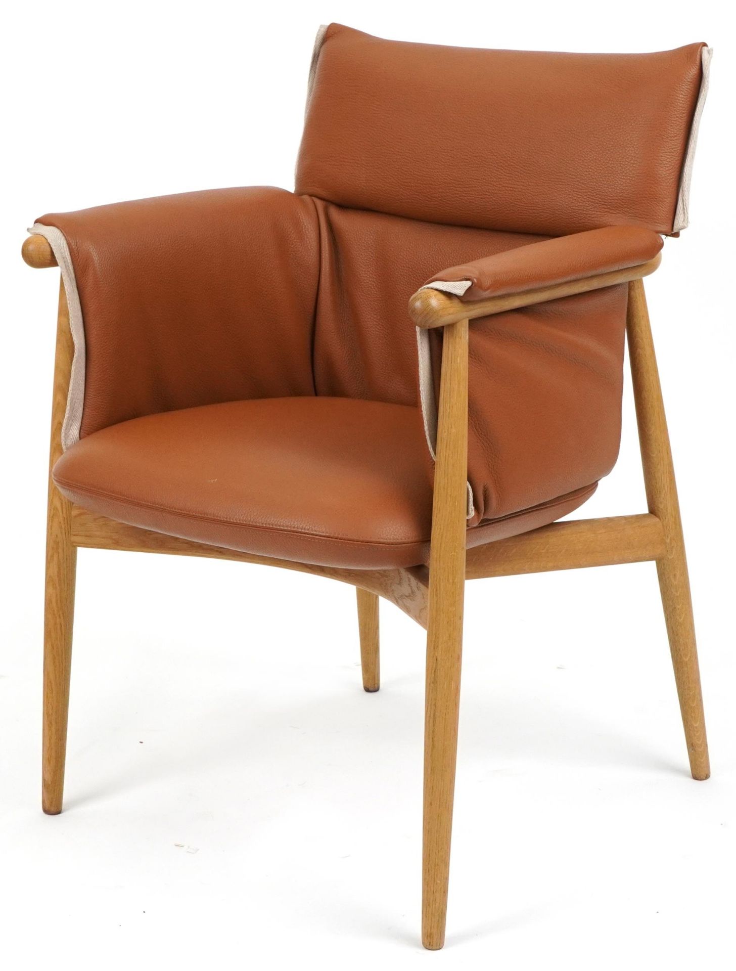Carl Hansen & Son, Danish lightwood and brown leather upholstery embrace armchair, plaque to the