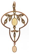 Art Nouveau 9ct gold cabochon opal and seed pearl openwork pendant, 5cm high, 3.0g