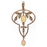 Art Nouveau 9ct gold cabochon opal and seed pearl openwork pendant, 5cm high, 3.0g