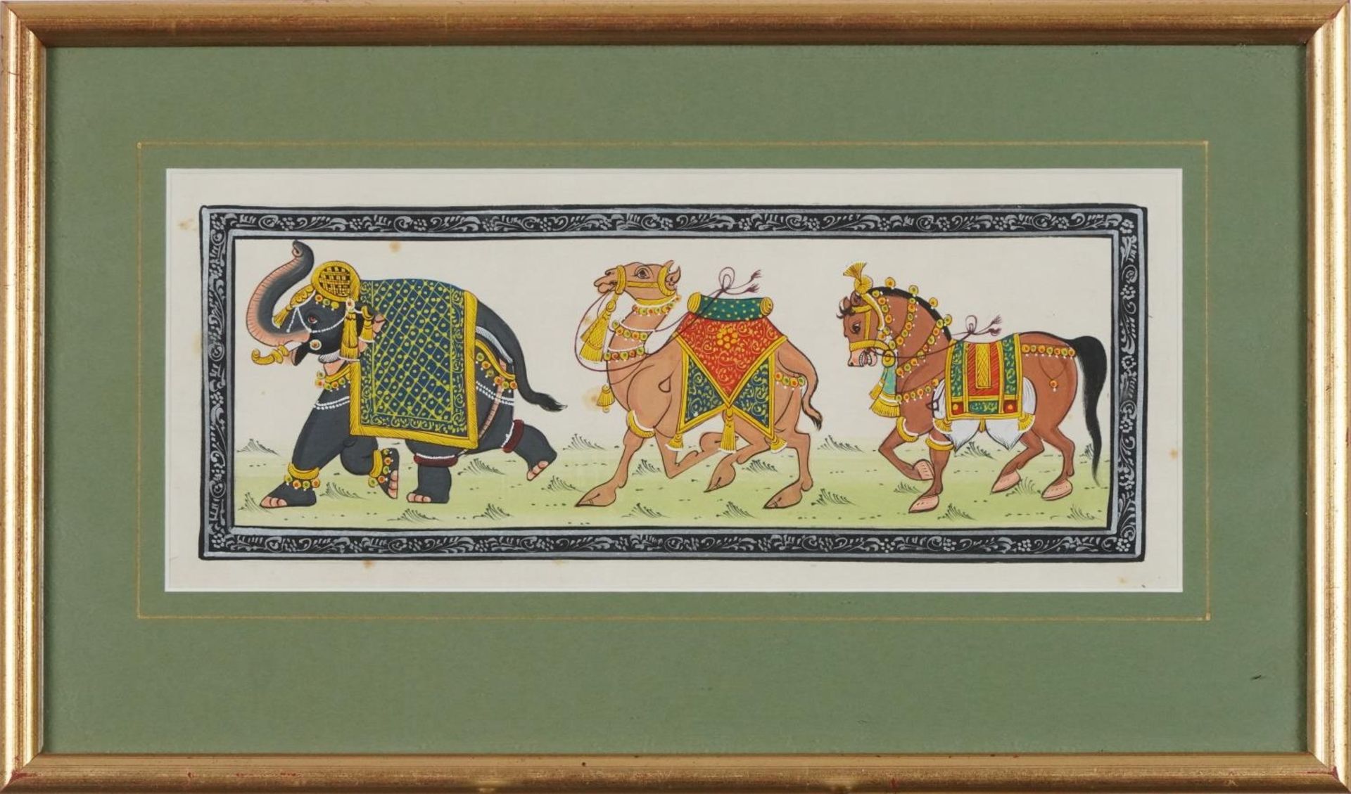 Elephant, camel and horse, Indian Mughal school watercolour on silk, mounted, framed and glazed, - Bild 2 aus 4