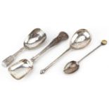 Four Victorian and later silver spoons including a caddy spoon and one with citrine terminal, the