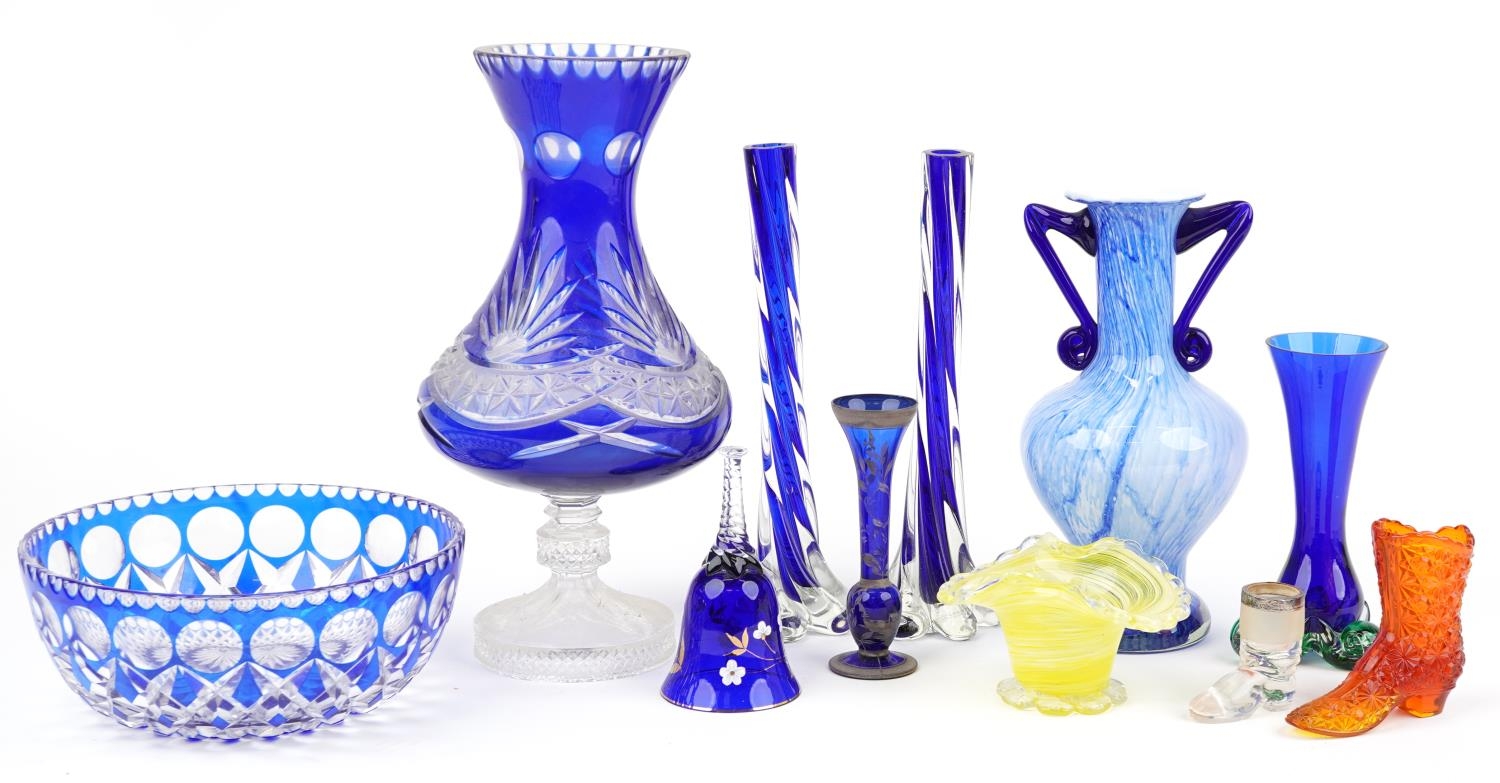 19th century and later glassware including a Bohemian blue overlaid vase, Bohemian blue overlaid