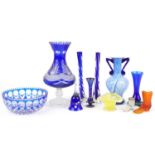 19th century and later glassware including a Bohemian blue overlaid vase, Bohemian blue overlaid