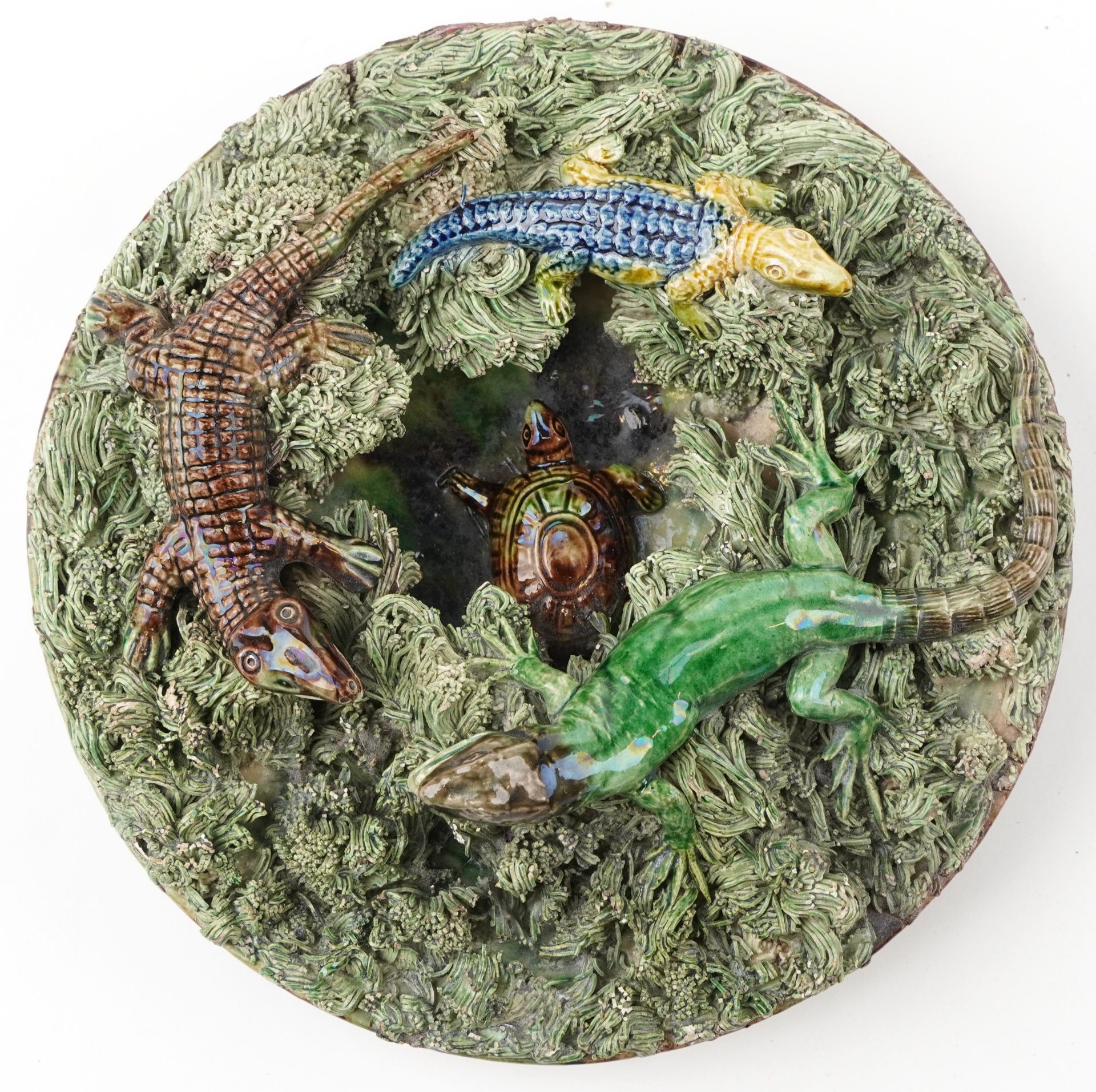Maneul Mafra, 19th century Portuguese Palissy ware wall plate decorated in relief with sea
