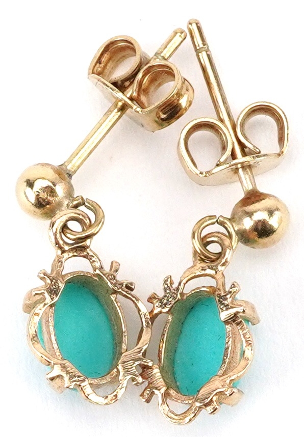 Pair of 9ct gold cabochon turquoise drop earrings, each 1.4cm high, total 1.0g - Image 2 of 2