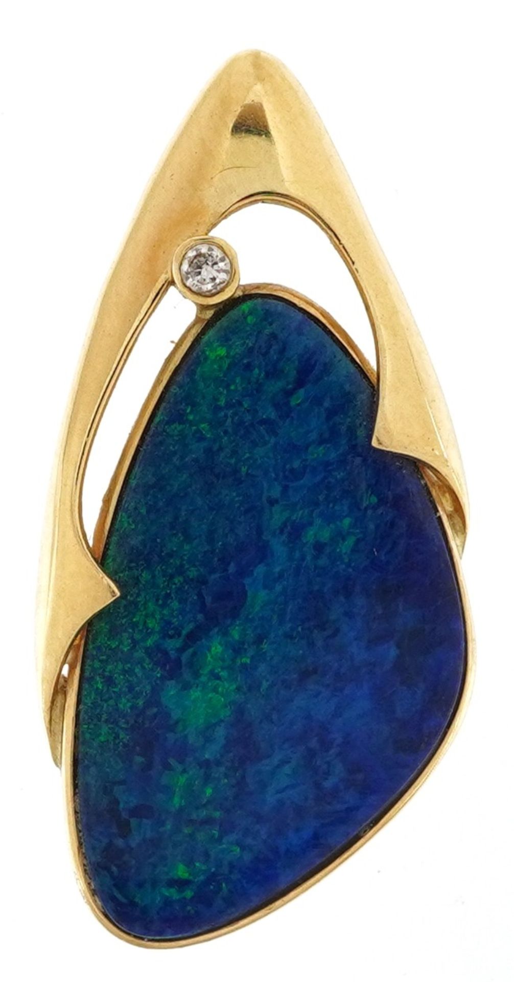 Modernist 18K gold opal and diamond pendant, 3cm high, 3.4g