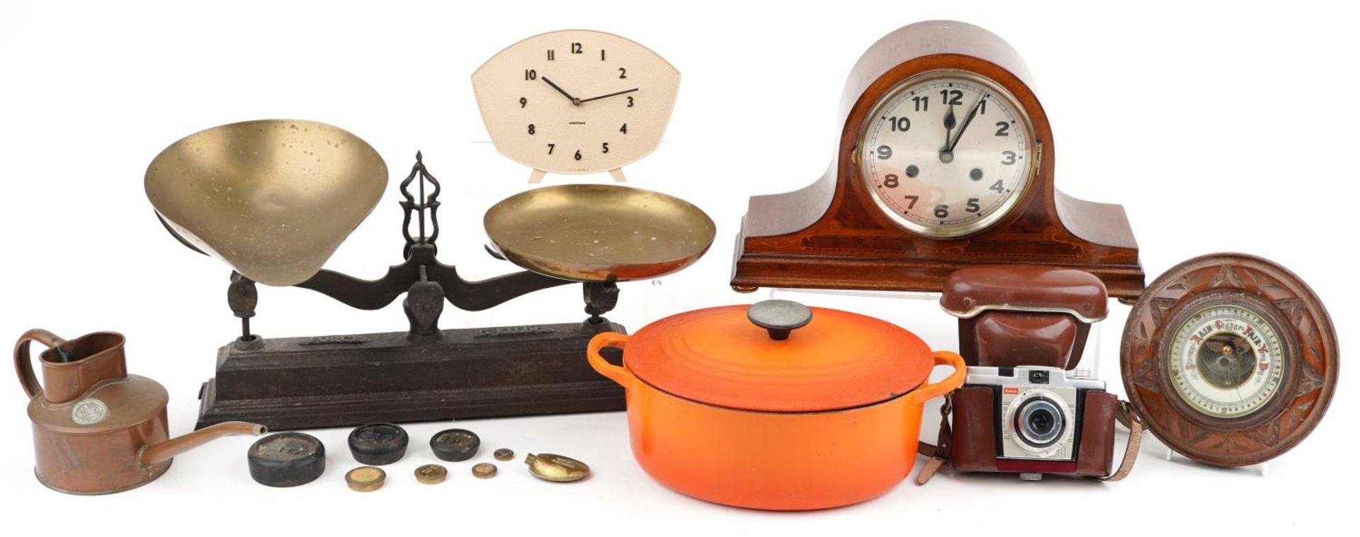 Kitchenalia and sundry items including set of cast iron scales with brass pans, Westminster