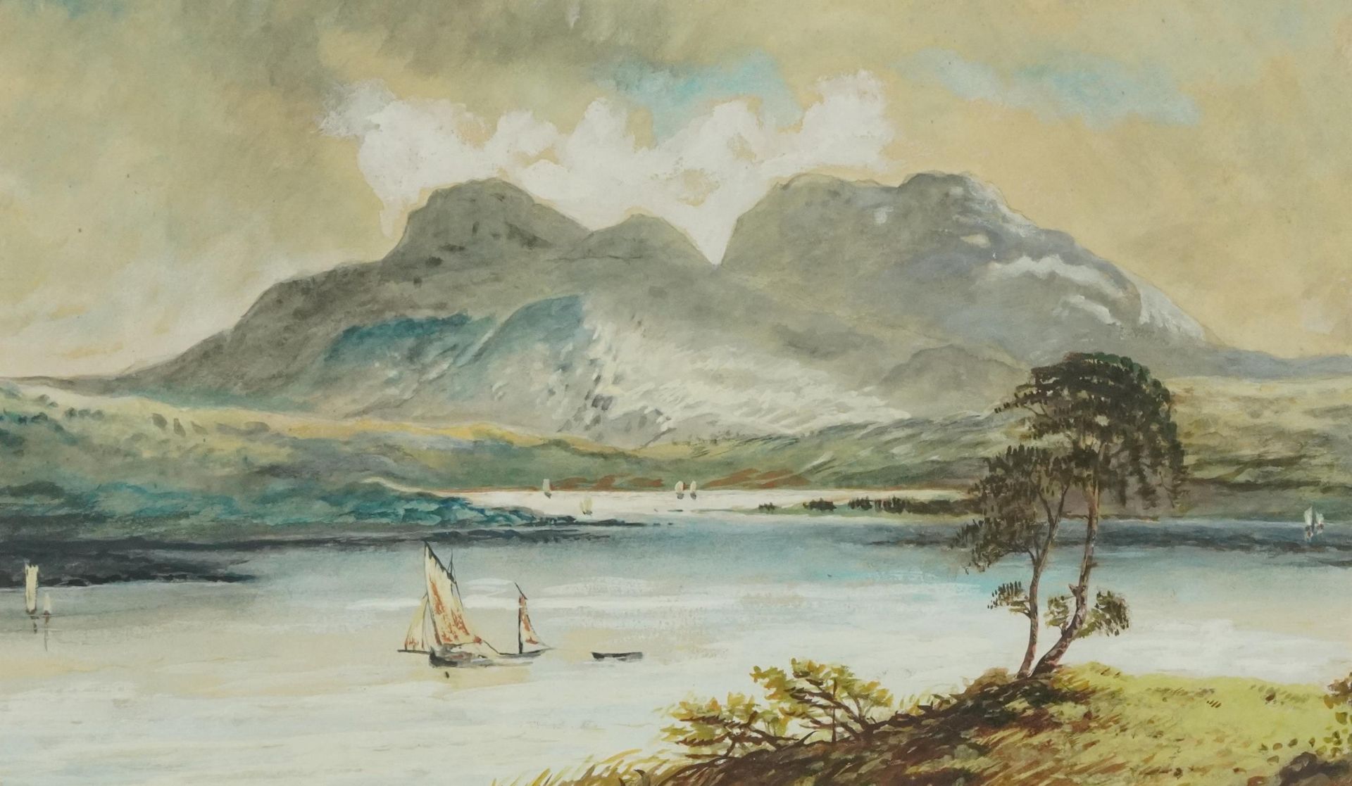 Lake scenes with fishing boats, pair of continental school heightened watercolours, mounted, - Image 2 of 7