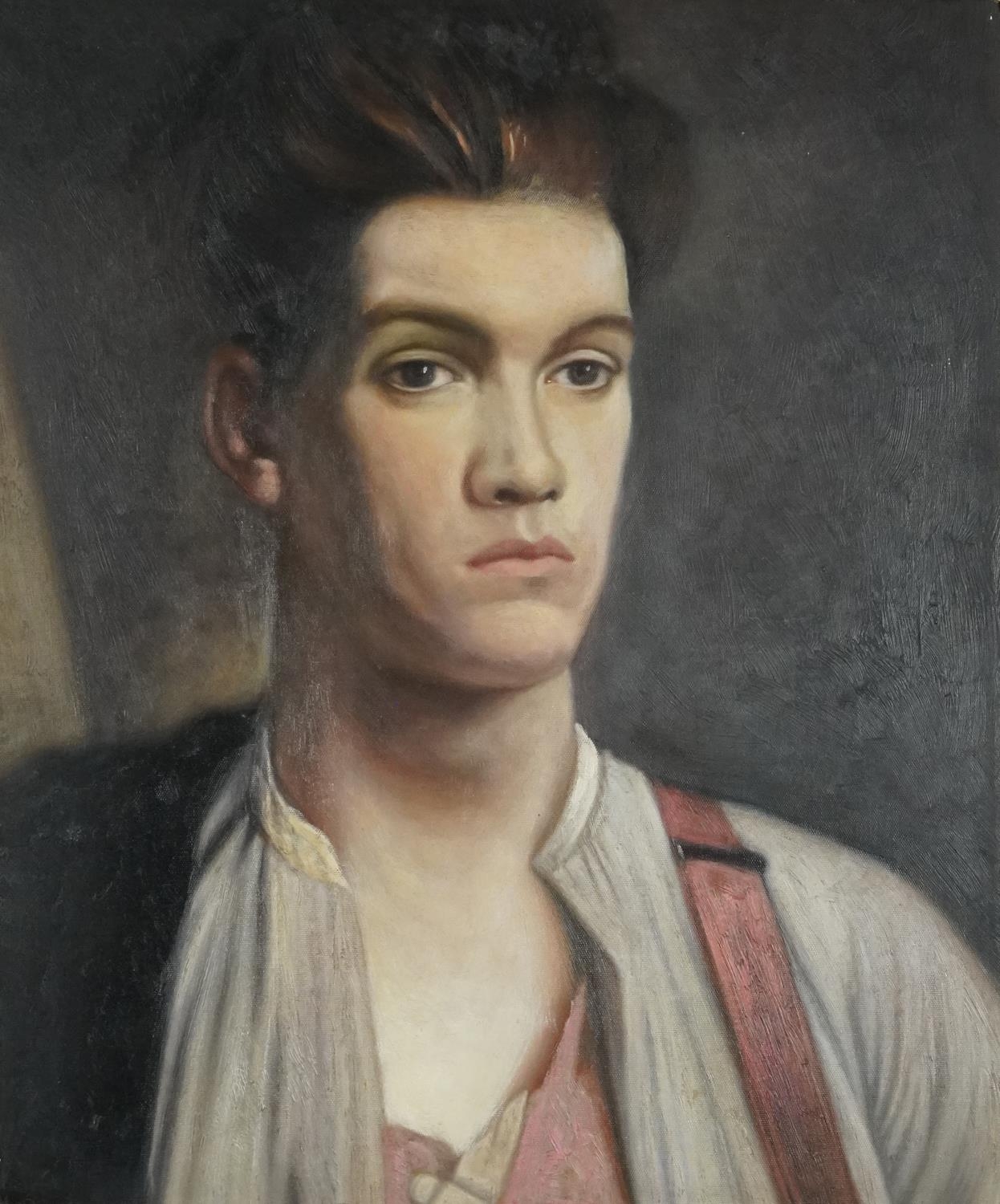 Head and shoulders portrait of a young man, post war British oil on board, inscribed Christies South