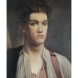 Head and shoulders portrait of a young man, post war British oil on board, inscribed Christies South