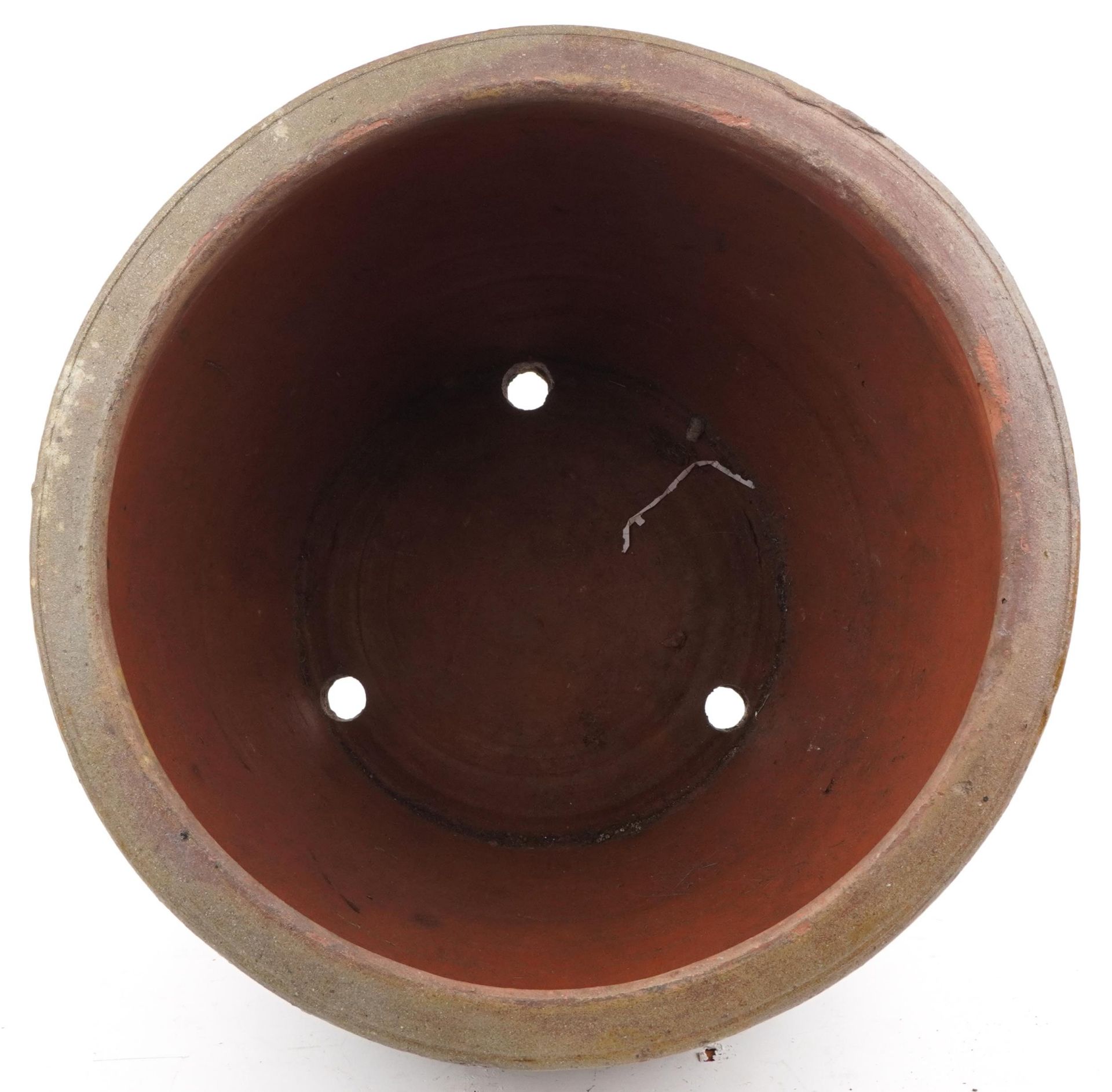 Large Chinese archaic style terracotta planter having and ash and brown glaze, incised with two - Image 5 of 6