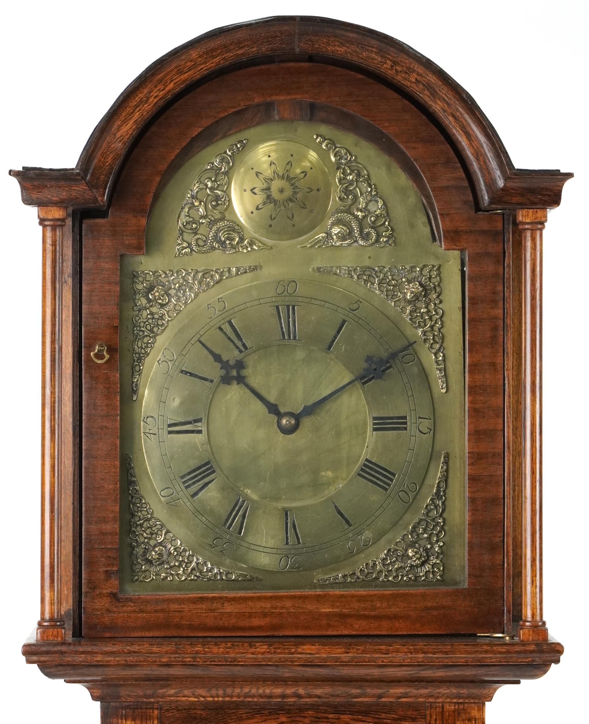 19th century oak longcase clock with brass face having a circular dial with Roman and Arabic - Image 2 of 4