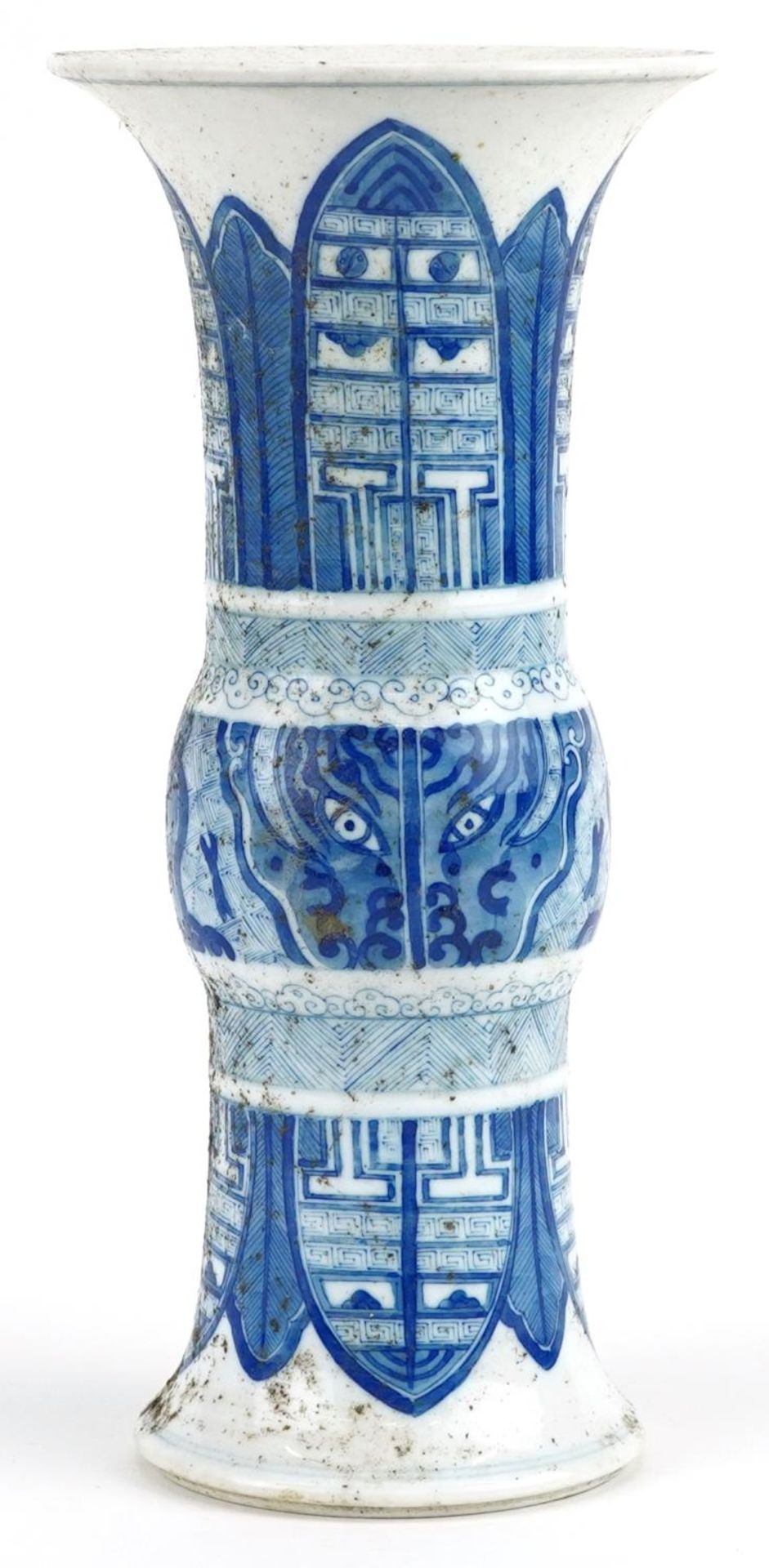 Chinese blue and white porcelain Gu beaker vase hand painted with stylised leaves, six figure - Image 3 of 6