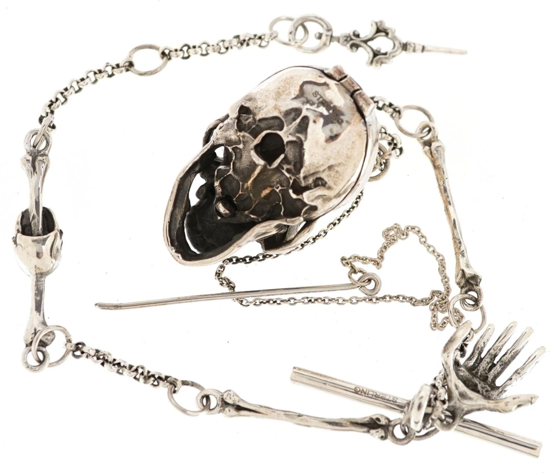 Steam Punk sterling silver human skull design watch chain with opening skull trinket and T bar, 30cm - Bild 3 aus 4