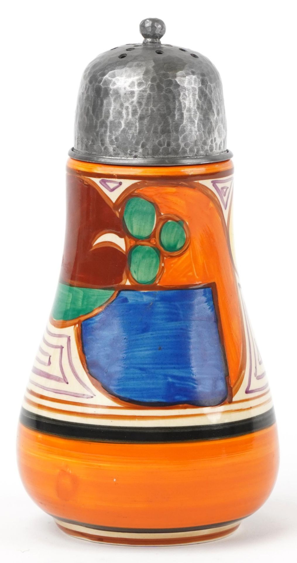 Clarice Cliff, Art Deco Fantastique Bizarre sifter with planished pewter lid hand painted in the