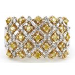 9ct white gold white and yellow diamond cluster ring, size O, 4.7g