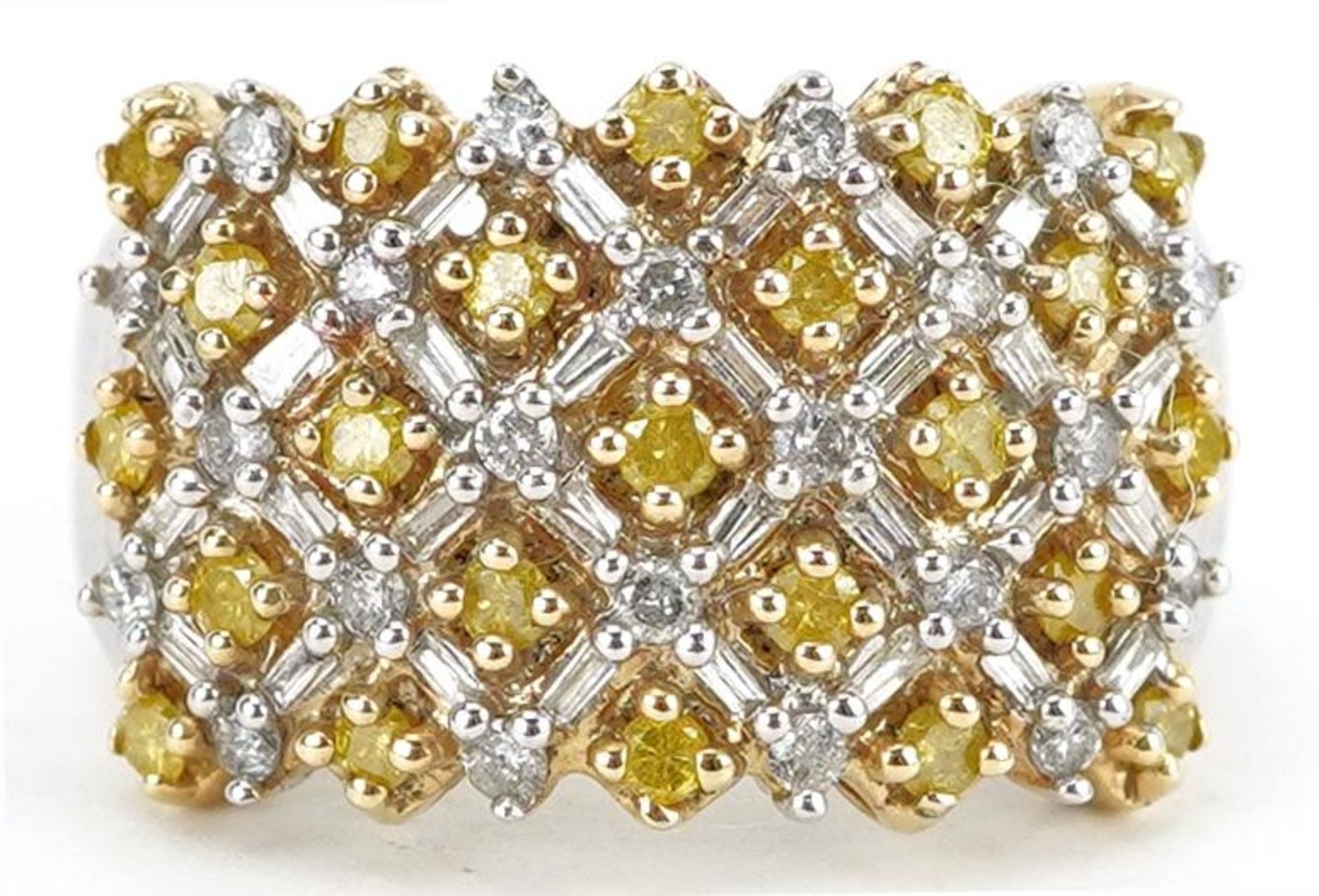 9ct white gold white and yellow diamond cluster ring, size O, 4.7g