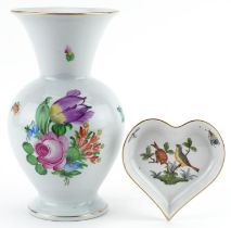 Herend, Hungarian porcelain vase hand painted with flowers and a heart shaped dish hand painted in